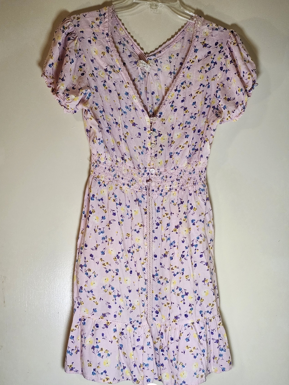 Jole And Joy Smocked Waist Pink Floral Mini Dress with V-Neck L